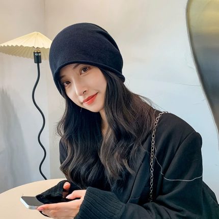 Women's Autumn Winter Knitted Hat, Japanese Style Black Versatile Wool Hat, Large Head Circumference Head-wrap Maternity Cold Weather Hat