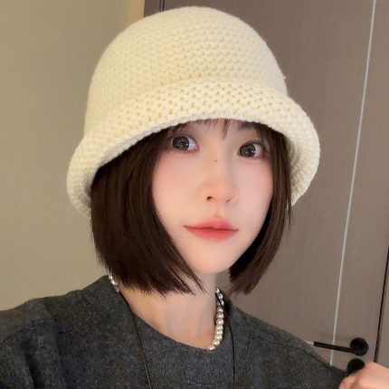 Autumn Winter Women's Wool Blend Warm Fisherman Hat, Korean Version Rolled Edge Thick Knitted Basin Hat, Versatile Plain Face Knitted Hat